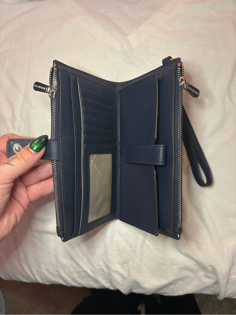 Michael Kors Navy Leather Wristlet Wallet with Silver Hardware